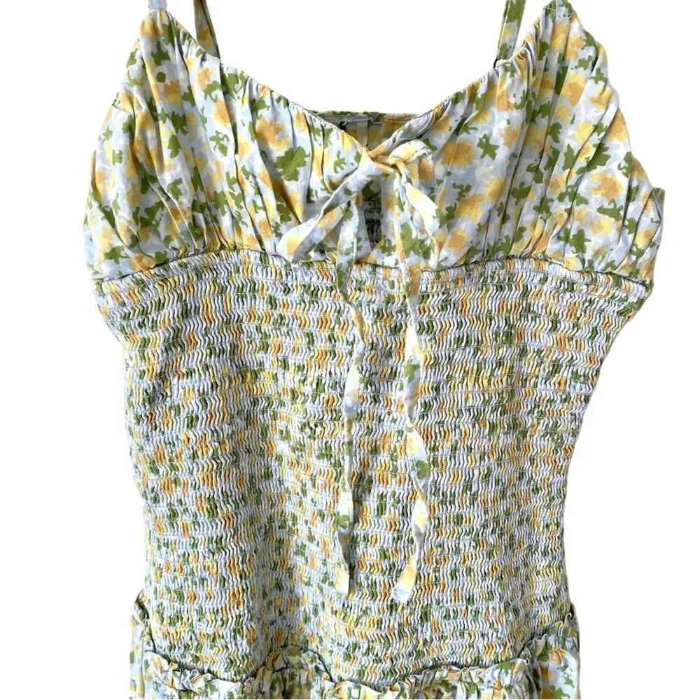 Free People Lavender Daze Smocked Floral Midi Dress XS Cream Yellow Green